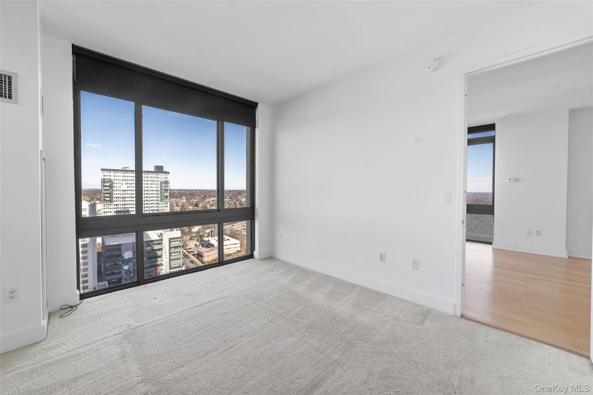 Empty room with light colored carpet, a wall of windows, and a city view Empty room with light colored carpet, a wall of windows, and a city view