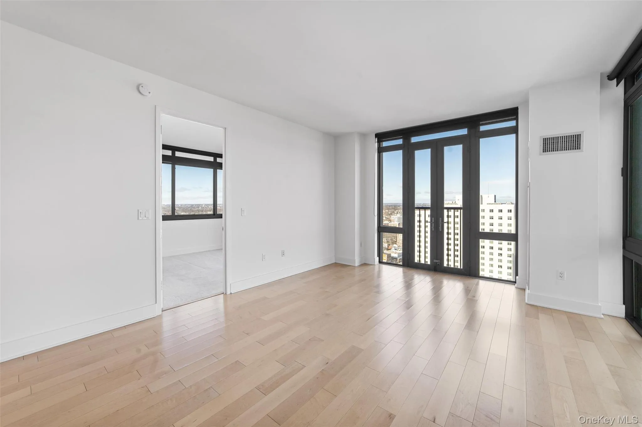 Unfurnished room with light wood-style flooring and floor to ceiling windows Unfurnished room with light wood-style flooring and floor to ceiling windows