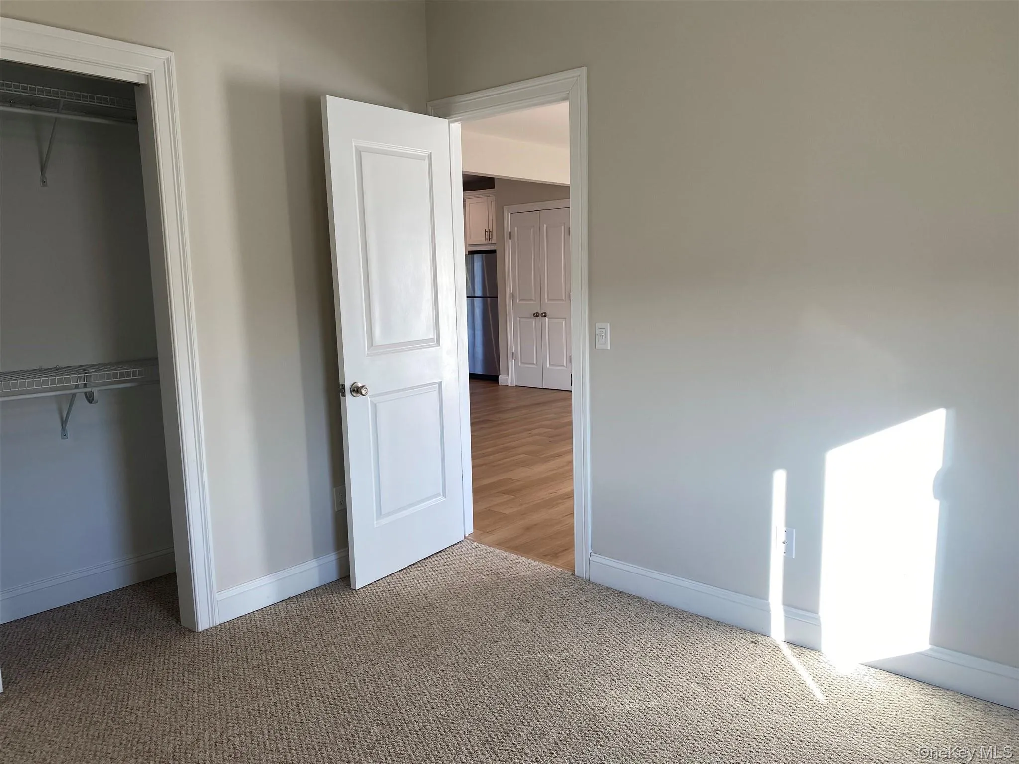 Unfurnished bedroom featuring light colored carpet, freestanding refrigerator, and a closet Unfurnished bedroom featuring light colored carpet, freestanding refrigerator, and a closet