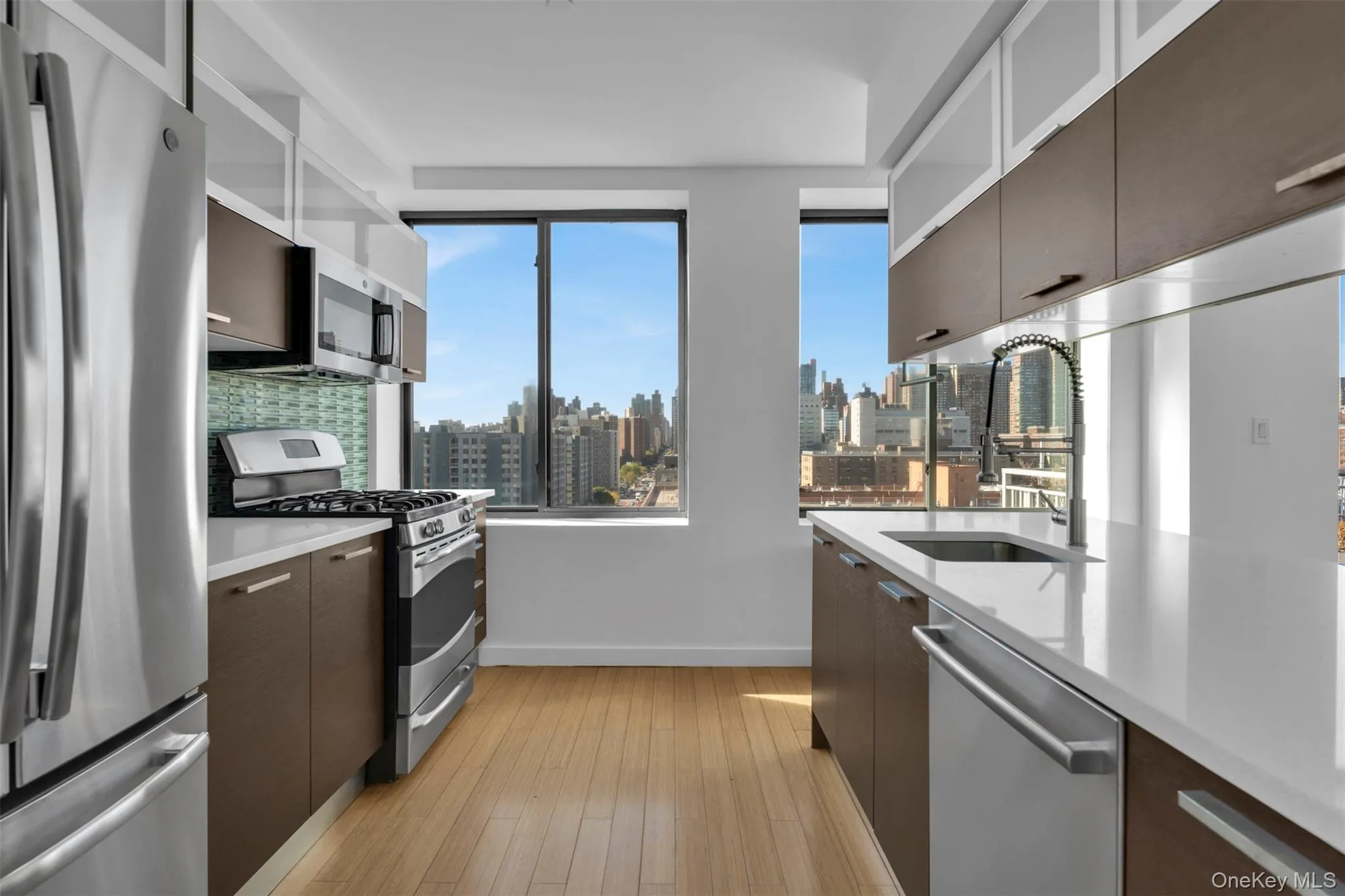 Kitchen with appliances with stainless steel finishes, plenty of natural light, modern cabinets, and dark brown cabinets Kitchen with appliances with stainless steel finishes, plenty of natural light, modern cabinets, and dark brown cabinets