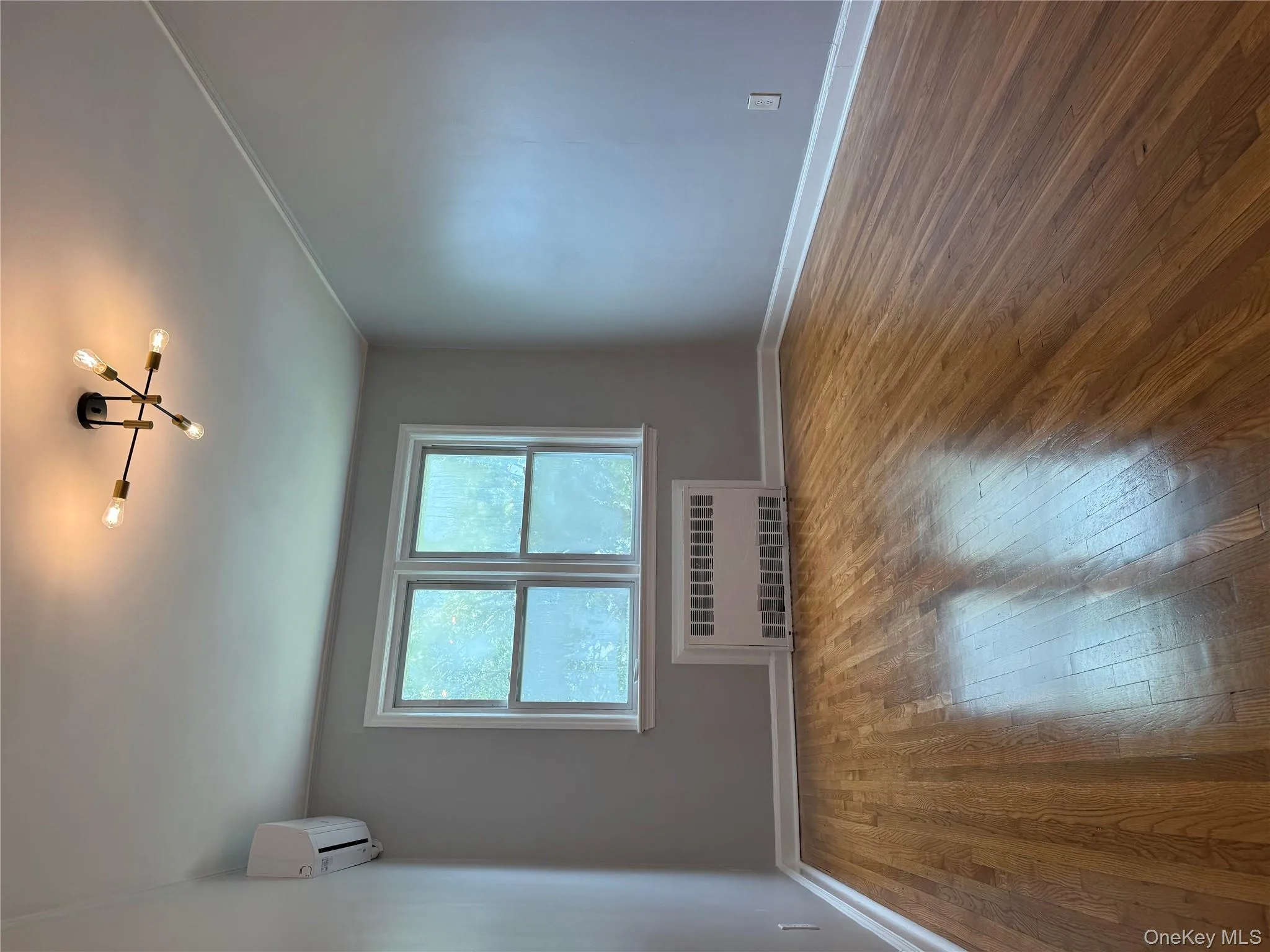 Spare room with light wood-style floors, radiator heating unit, an AC wall unit, and crown molding Spare room with light wood-style floors, radiator heating unit, an AC wall unit, and crown molding