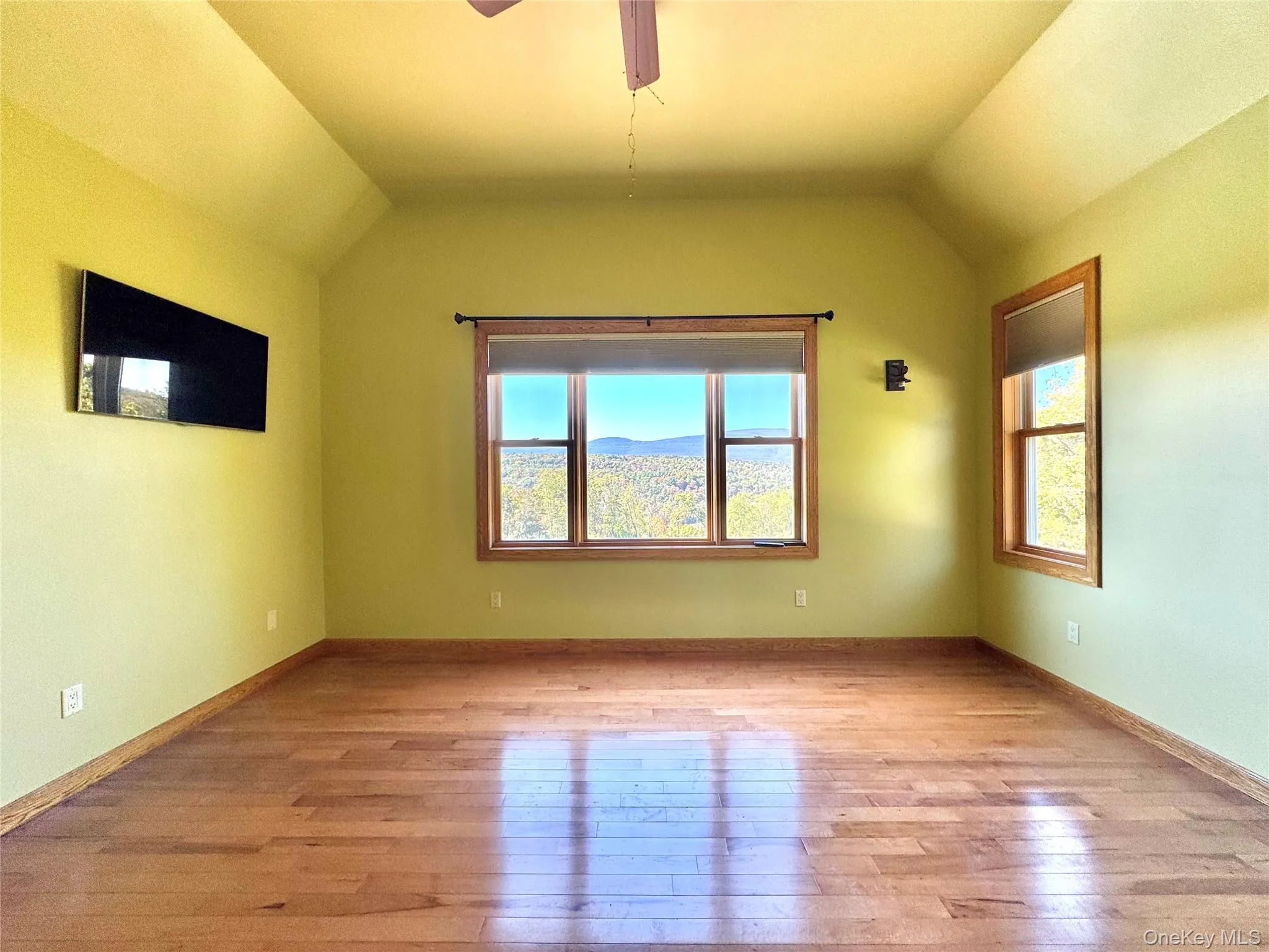 Spare room with healthy amount of natural light, light wood-style floors, vaulted ceiling, and ceiling fan Spare room with healthy amount of natural light, light wood-style floors, vaulted ceiling, and ceiling fan