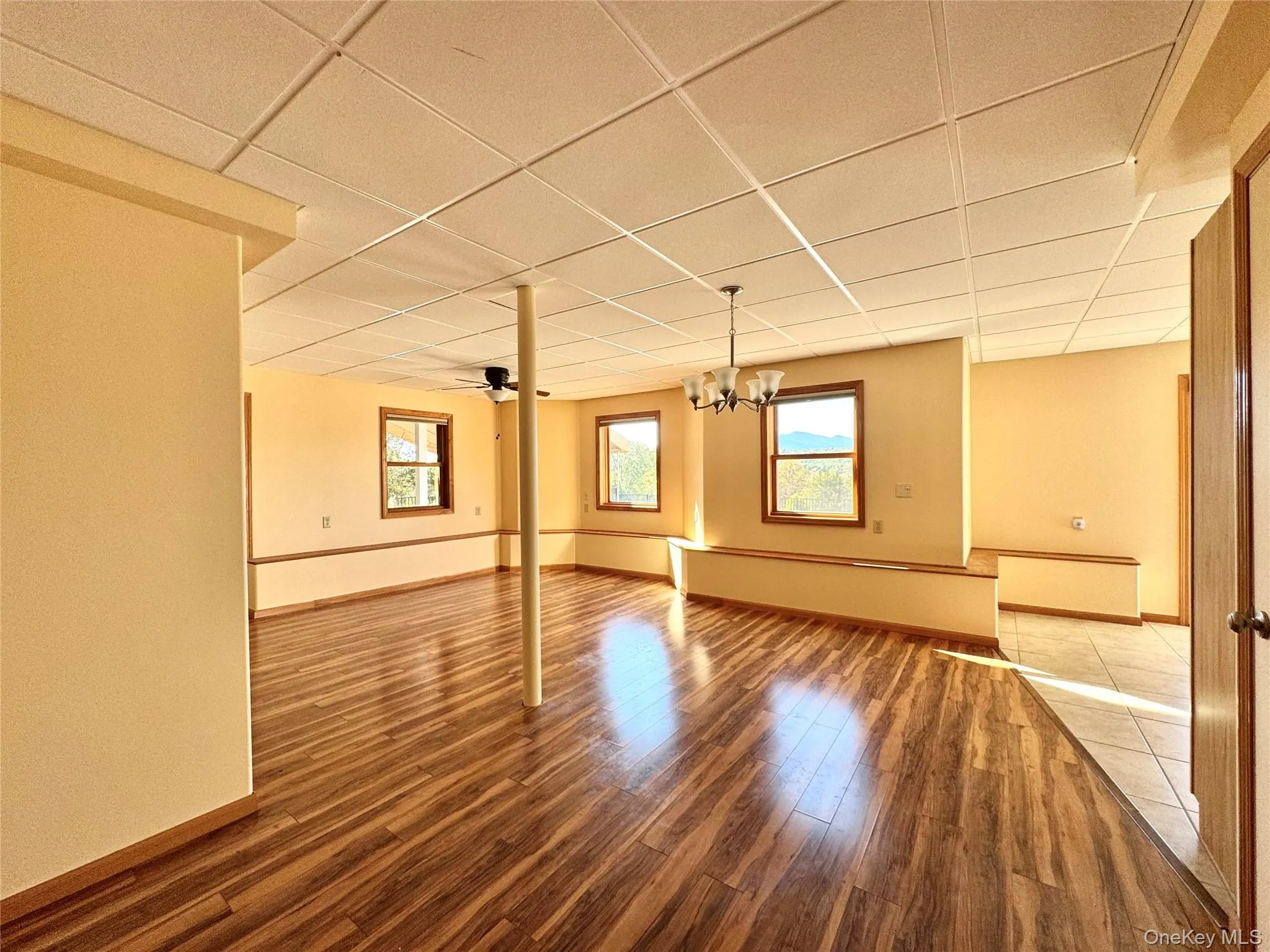 Spare room with a drop ceiling, ceiling fan, wood finished floors, healthy amount of natural light, and a chandelier Spare room with a drop ceiling, ceiling fan, wood finished floors, healthy amount of natural light, and a chandelier