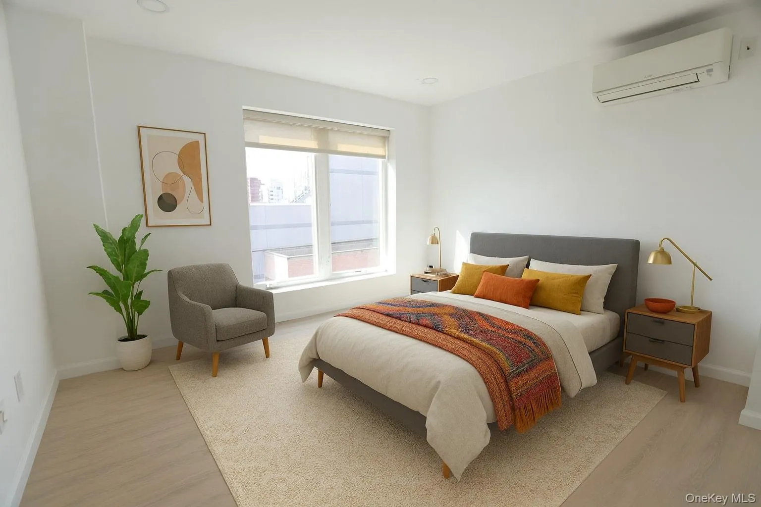 Virtually staged bedroom with modern furniture and decor Virtually staged bedroom with modern furniture and decor