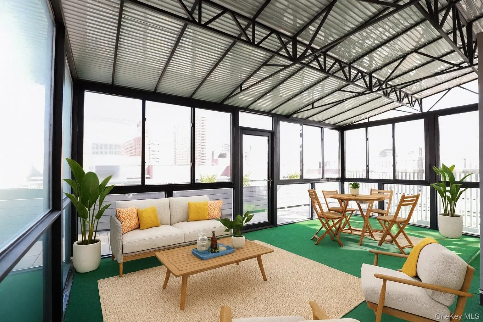 Virtually staged sunroom with modern furniture and decor Virtually staged sunroom with modern furniture and decor