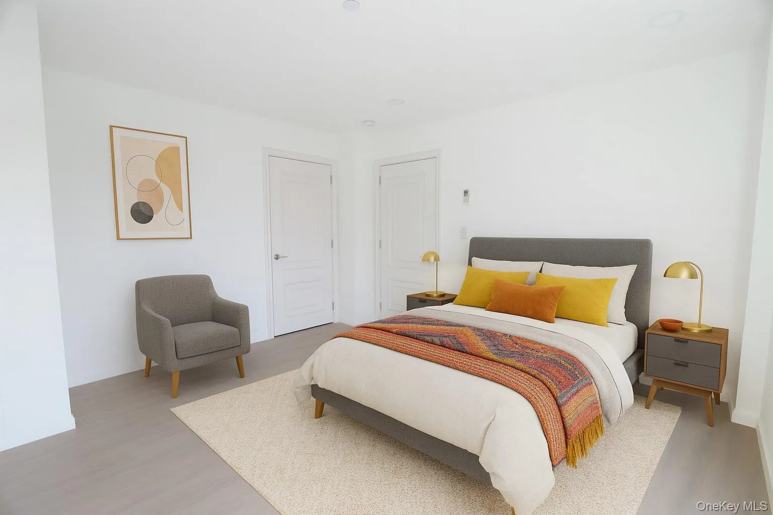 Virtually staged bedroom with modern furniture and decor Virtually staged bedroom with modern furniture and decor