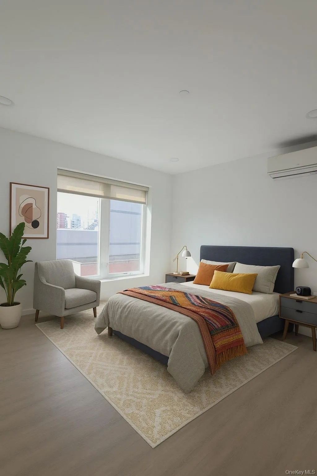 Virtually staged bedroom with modern furniture and decor Virtually staged bedroom with modern furniture and decor