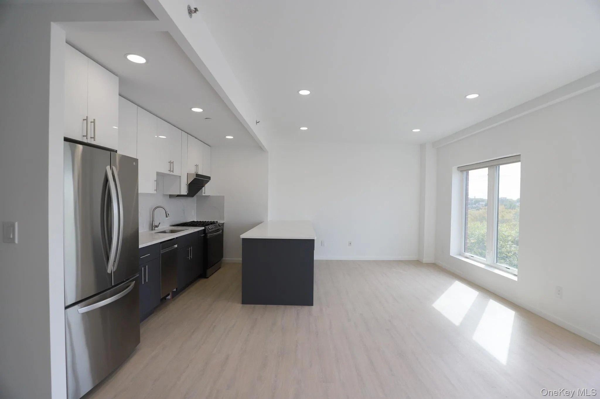 Kitchen with white cabinets, stainless steel appliances, light wood-style floors, modern cabinets, and recessed lighting Kitchen with white cabinets, stainless steel appliances, light wood-style floors, modern cabinets, and recessed lighting