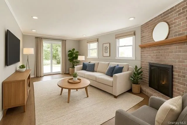 Staged - Living area featuring ornamental molding, wood finished floors, healthy amount of natural light, a brick fireplace, and recessed lighting Staged - Living area featuring ornamental molding, wood finished floors, healthy amount of natural light, a brick fireplace, and recessed lighting