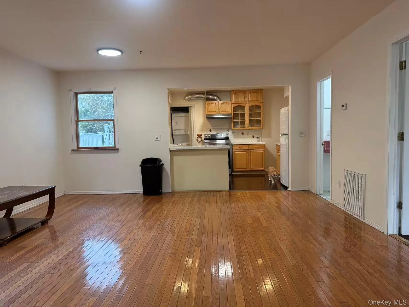 Kitchen featuring light countertops, dark wood-style flooring, glass insert cabinets, open floor plan, and freestanding refrigerator Kitchen featuring light countertops, dark wood-style flooring, glass insert cabinets, open floor plan, and freestanding refrigerator