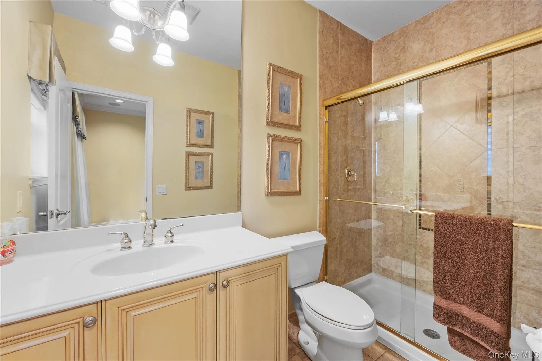 Bathroom featuring a shower stall, vanity, and a chandelier Bathroom featuring a shower stall, vanity, and a chandelier