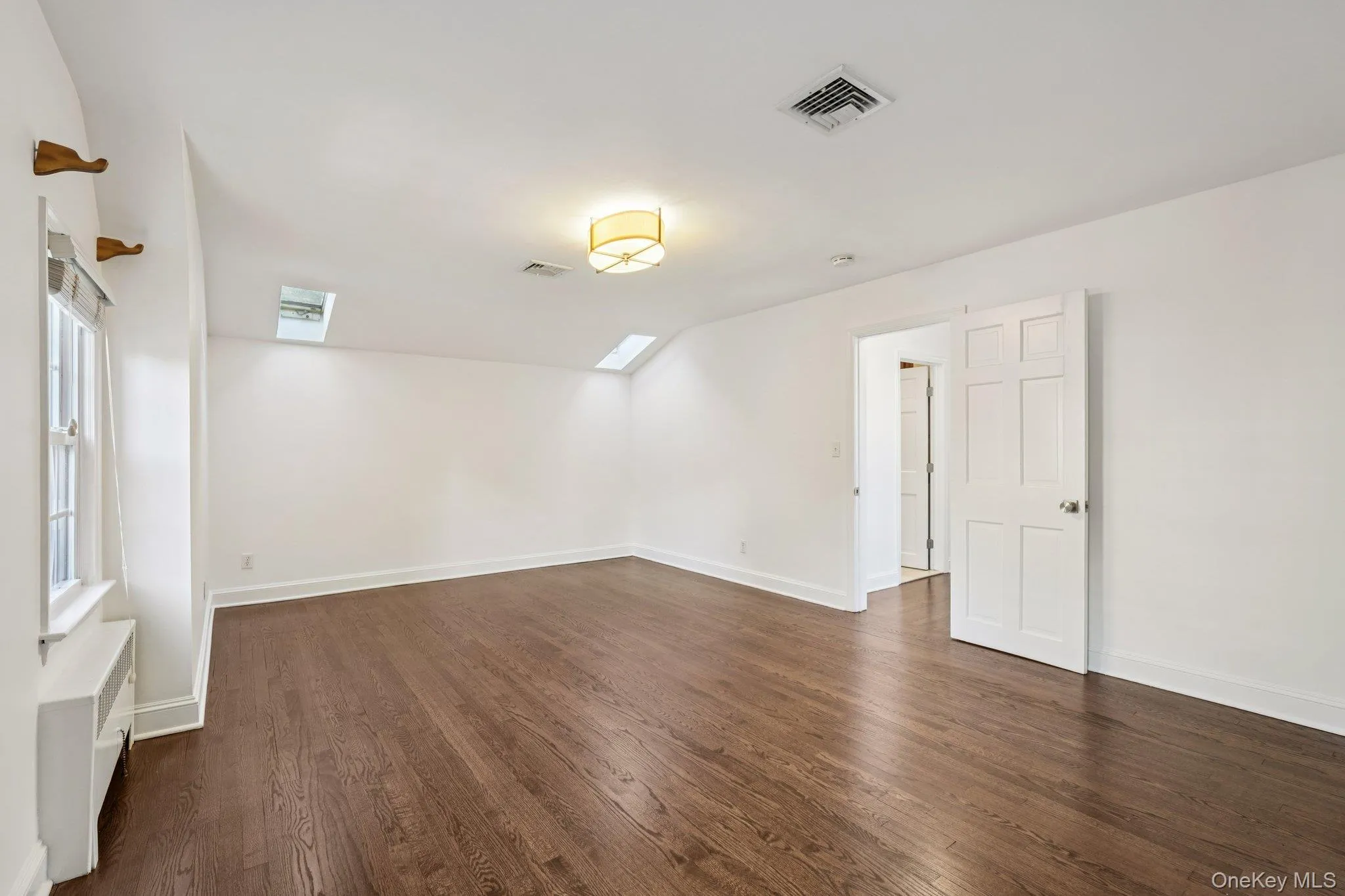 Spare room featuring a skylight, dark wood-style flooring, and radiator Spare room featuring a skylight, dark wood-style flooring, and radiator
