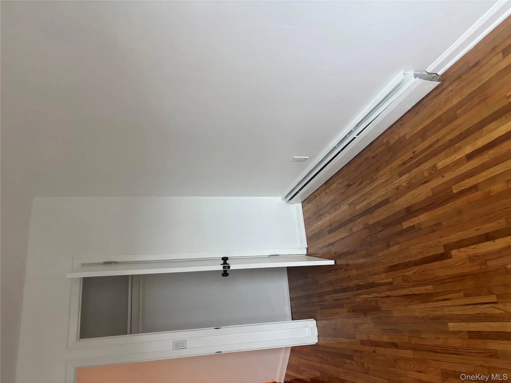 Unfurnished bedroom with baseboard heating, dark wood-type flooring, and a closet Unfurnished bedroom with baseboard heating, dark wood-type flooring, and a closet