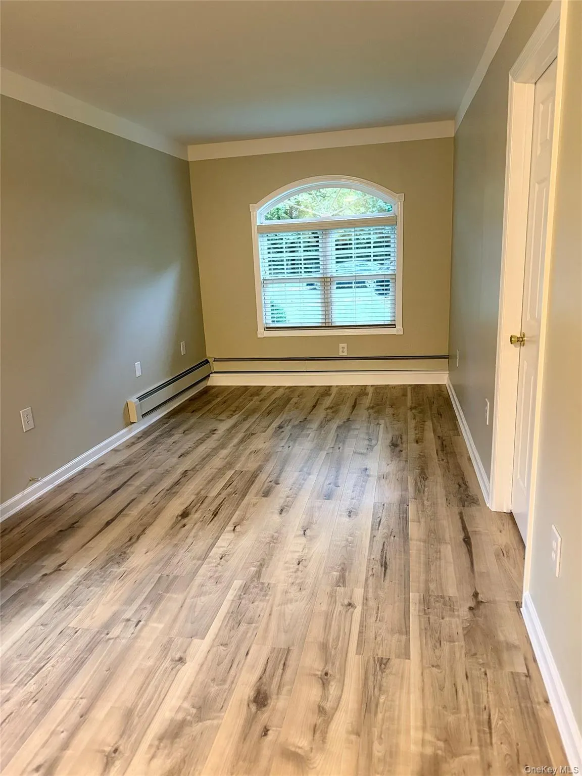 Unfurnished room with crown molding, light wood-type flooring, and a baseboard heating unit Unfurnished room with crown molding, light wood-type flooring, and a baseboard heating unit