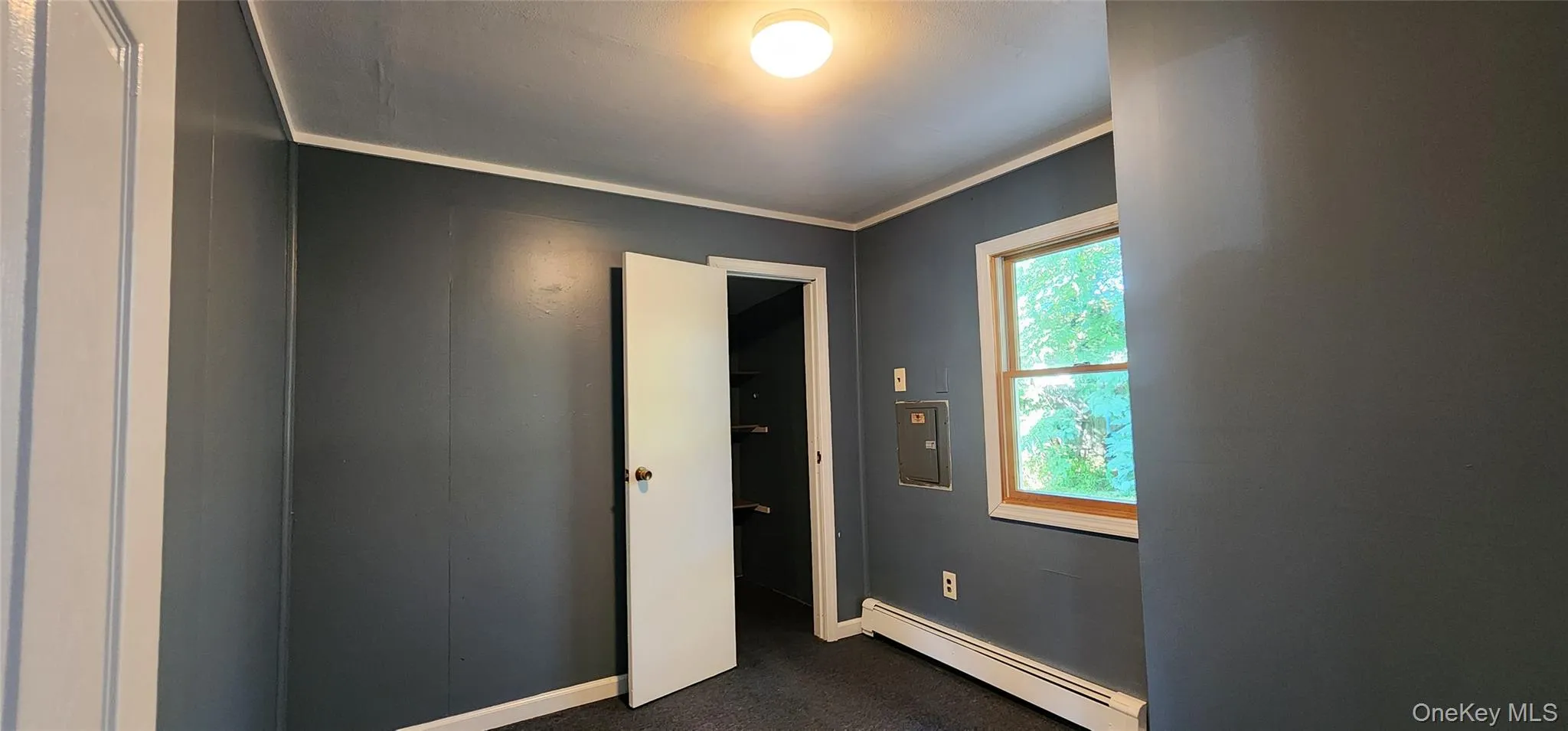Unfurnished bedroom with a baseboard radiator, crown molding, and dark carpet Unfurnished bedroom with a baseboard radiator, crown molding, and dark carpet