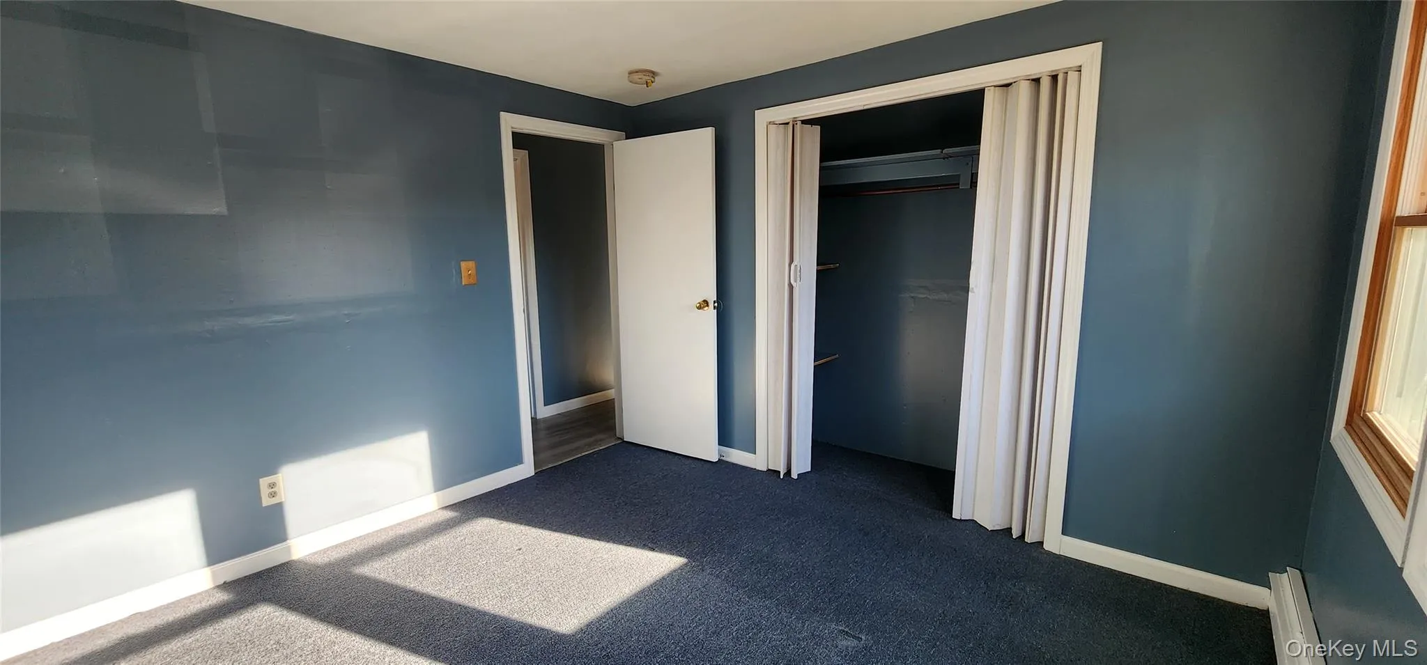 Unfurnished bedroom featuring carpet, a baseboard radiator, and a closet Unfurnished bedroom featuring carpet, a baseboard radiator, and a closet