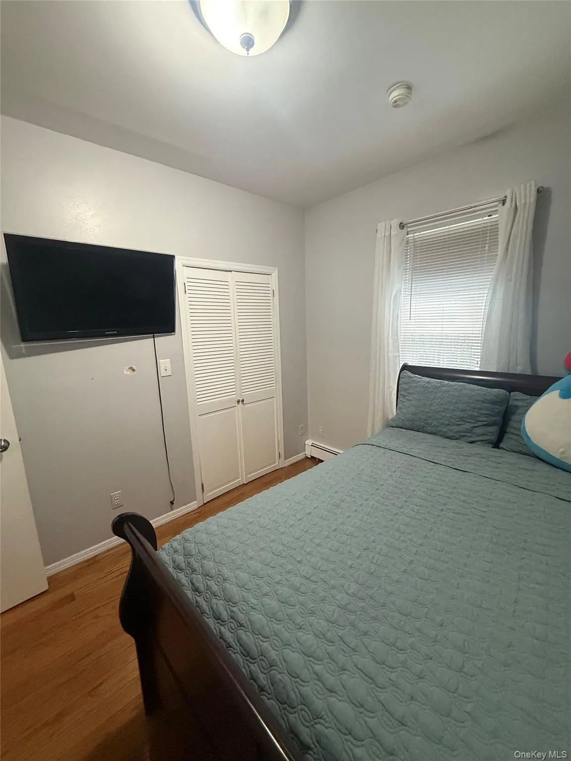 Bedroom featuring light wood-style floors, a closet, and a baseboard radiator Bedroom featuring light wood-style floors, a closet, and a baseboard radiator