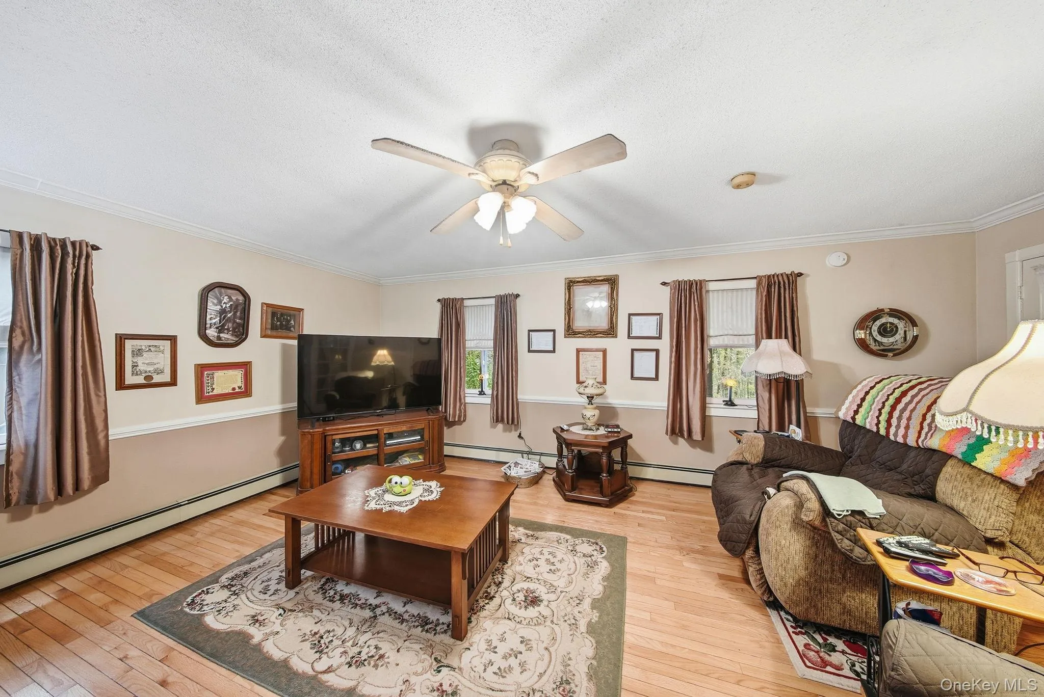 Living area featuring plenty of natural light, light wood finished floors, a baseboard heating unit, ornamental molding, and a textured ceiling Living area featuring plenty of natural light, light wood finished floors, a baseboard heating unit, ornamental molding, and a textured ceiling