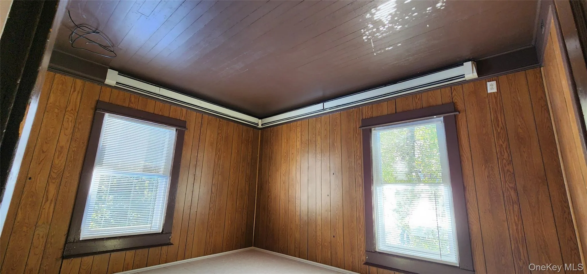 Unfurnished room with wood walls, a baseboard heating unit, plenty of natural light, dark wood-type flooring, and ornamental molding Unfurnished room with wood walls, a baseboard heating unit, plenty of natural light, dark wood-type flooring, and ornamental molding