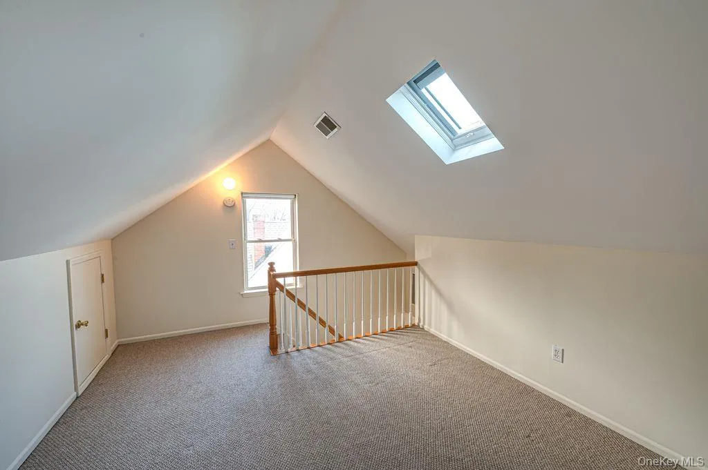Bonus room with a skylight, carpet floors, and vaulted ceiling Bonus room with a skylight, carpet floors, and vaulted ceiling