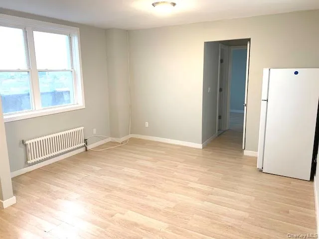 Unfurnished room with radiator heating unit and light wood-style floors Unfurnished room with radiator heating unit and light wood-style floors
