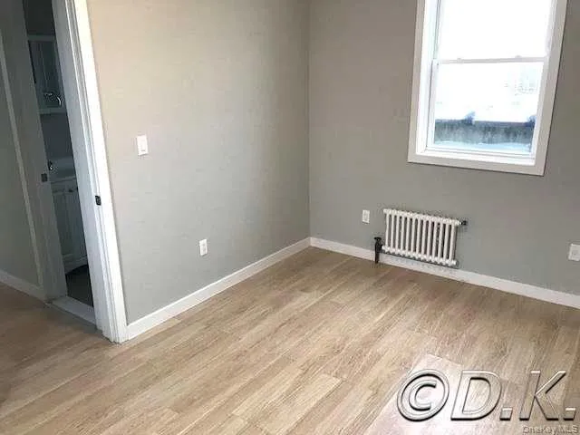 Spare room featuring light wood-style flooring and radiator heating unit Spare room featuring light wood-style flooring and radiator heating unit