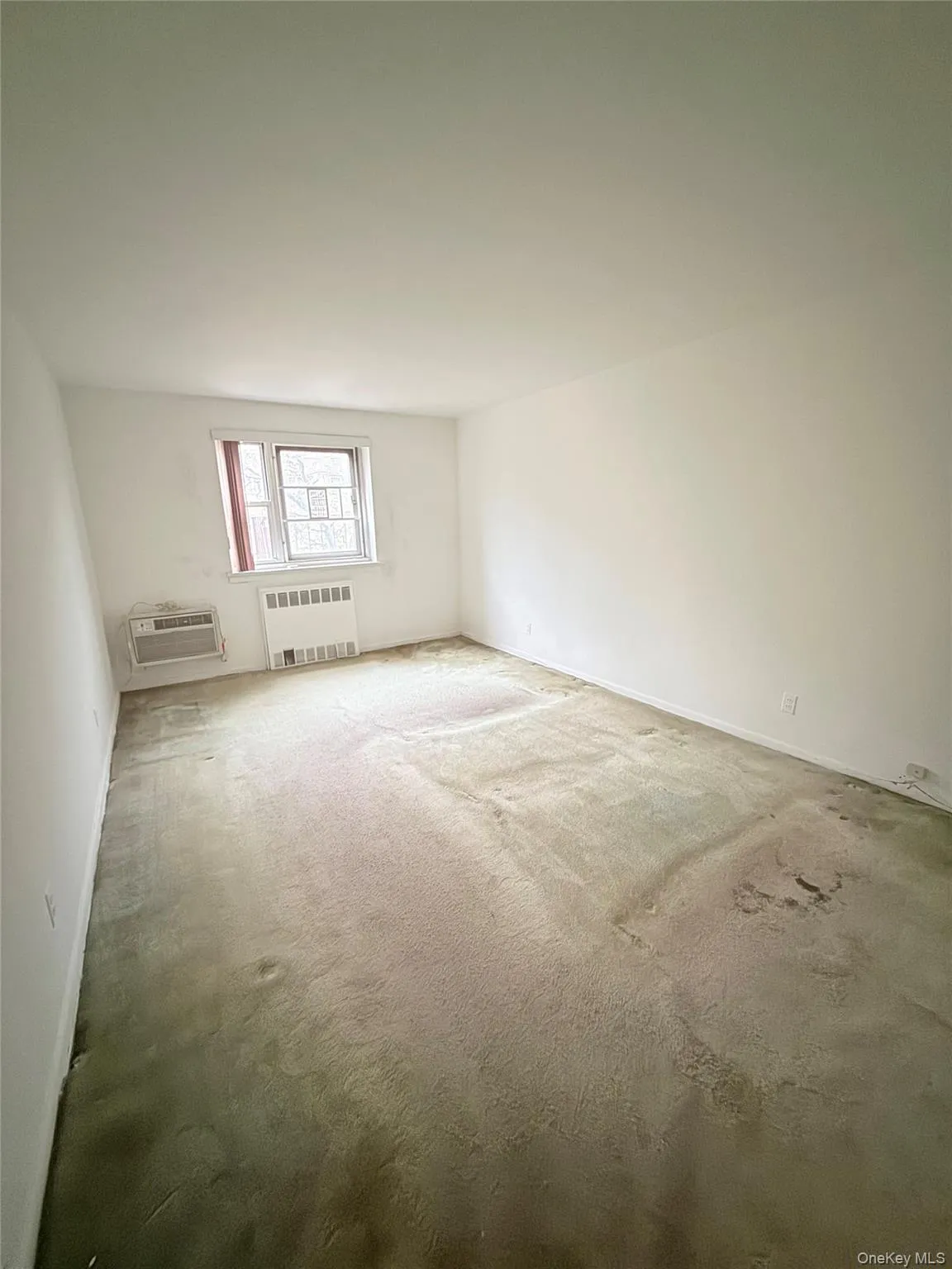 Empty room featuring carpet, radiator heating unit, and a wall unit AC Empty room featuring carpet, radiator heating unit, and a wall unit AC