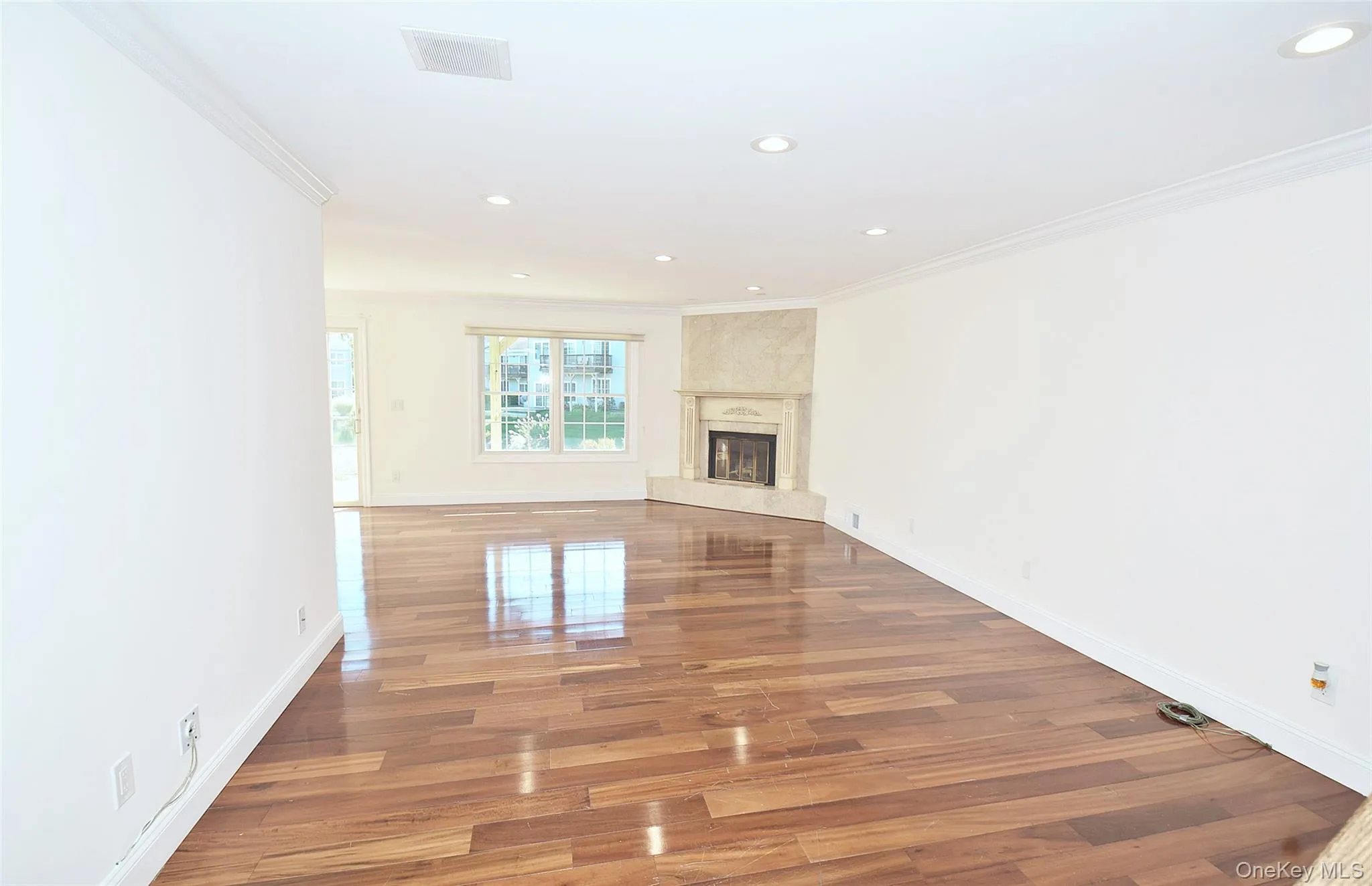 Living room with recessed lighting, wood finished floors, a premium fireplace, and ornamental molding Living room with recessed lighting, wood finished floors, a premium fireplace, and ornamental molding