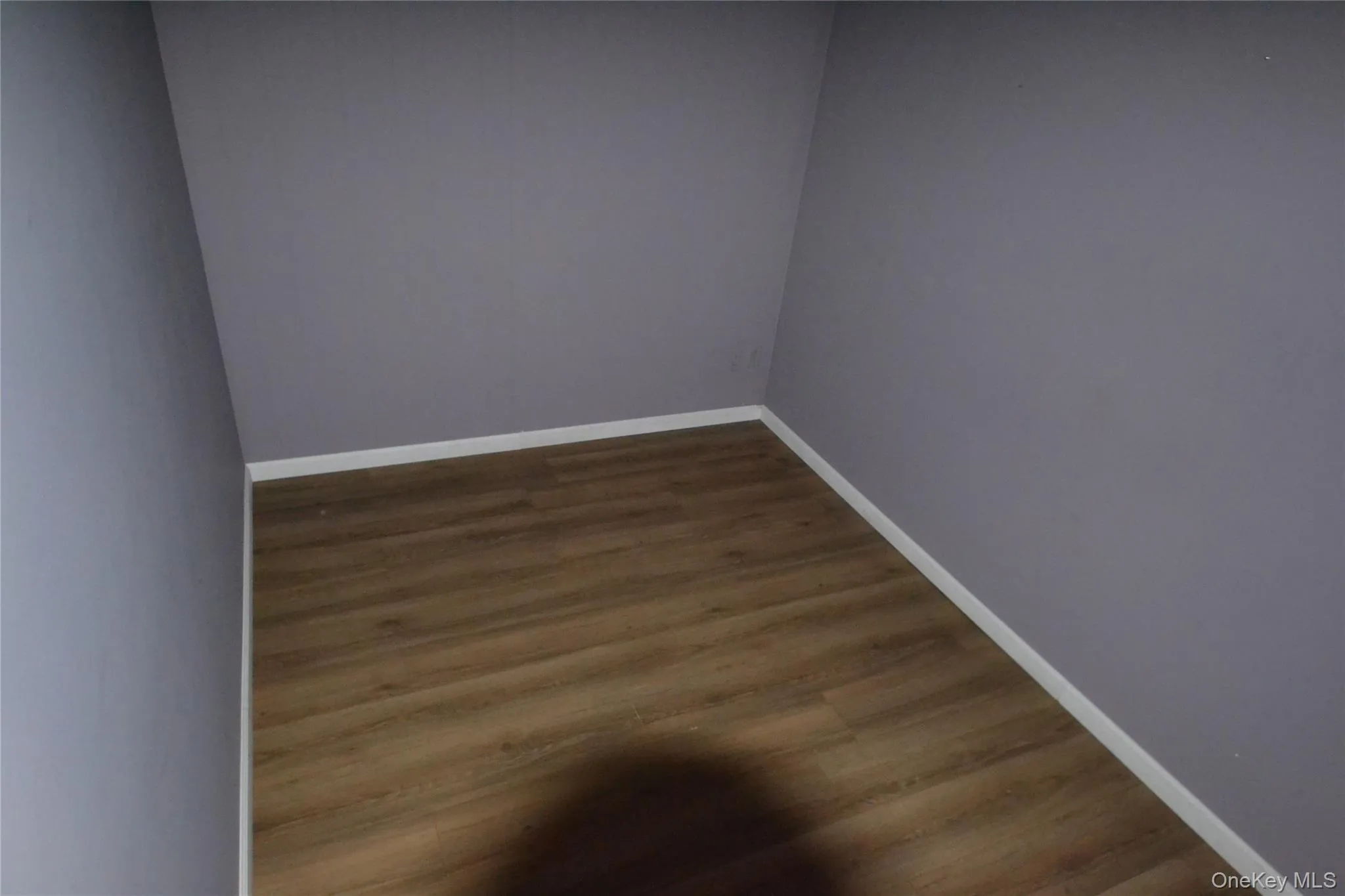 Empty room with baseboards and dark wood-style flooring Empty room with baseboards and dark wood-style flooring