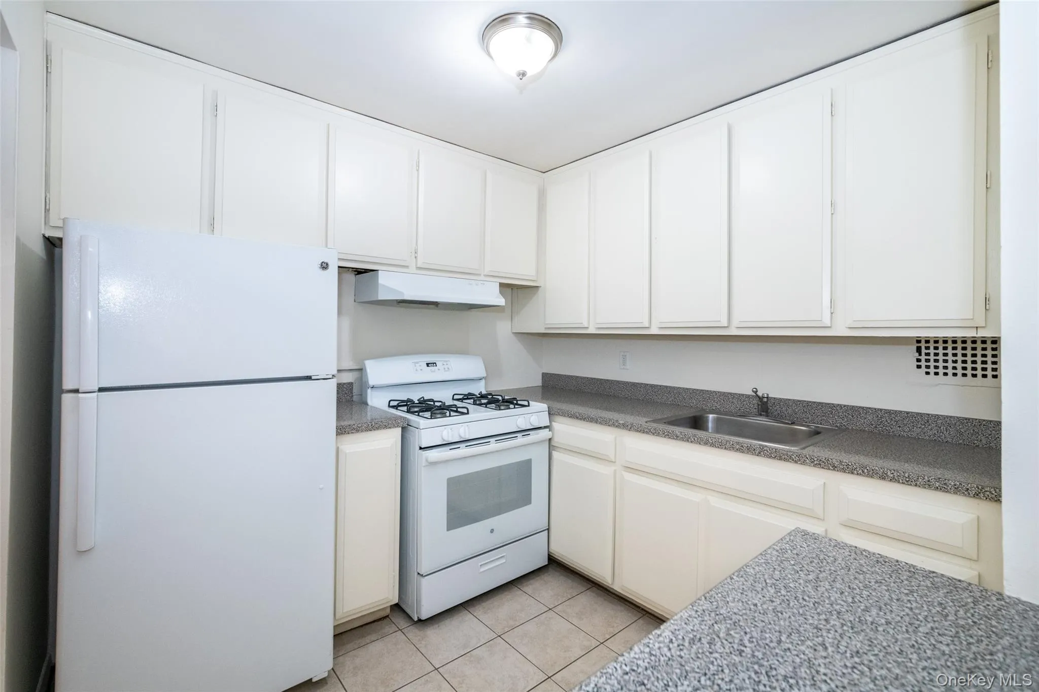Kitchen featuring white refrigerator, gas stove/oven with vented hood, sink (finishes vary depending on unit) Kitchen featuring white refrigerator, gas stove/oven with vented hood, sink (finishes vary depending on unit)