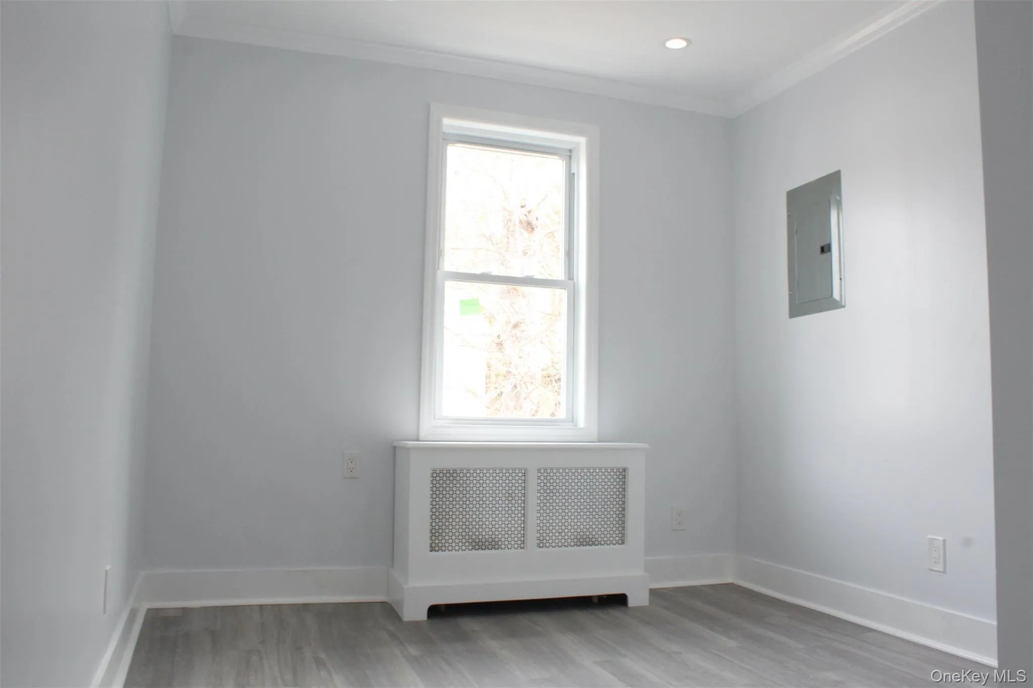 Empty room featuring radiator heating unit, crown molding, light wood-style floors, and electric panel Empty room featuring radiator heating unit, crown molding, light wood-style floors, and electric panel