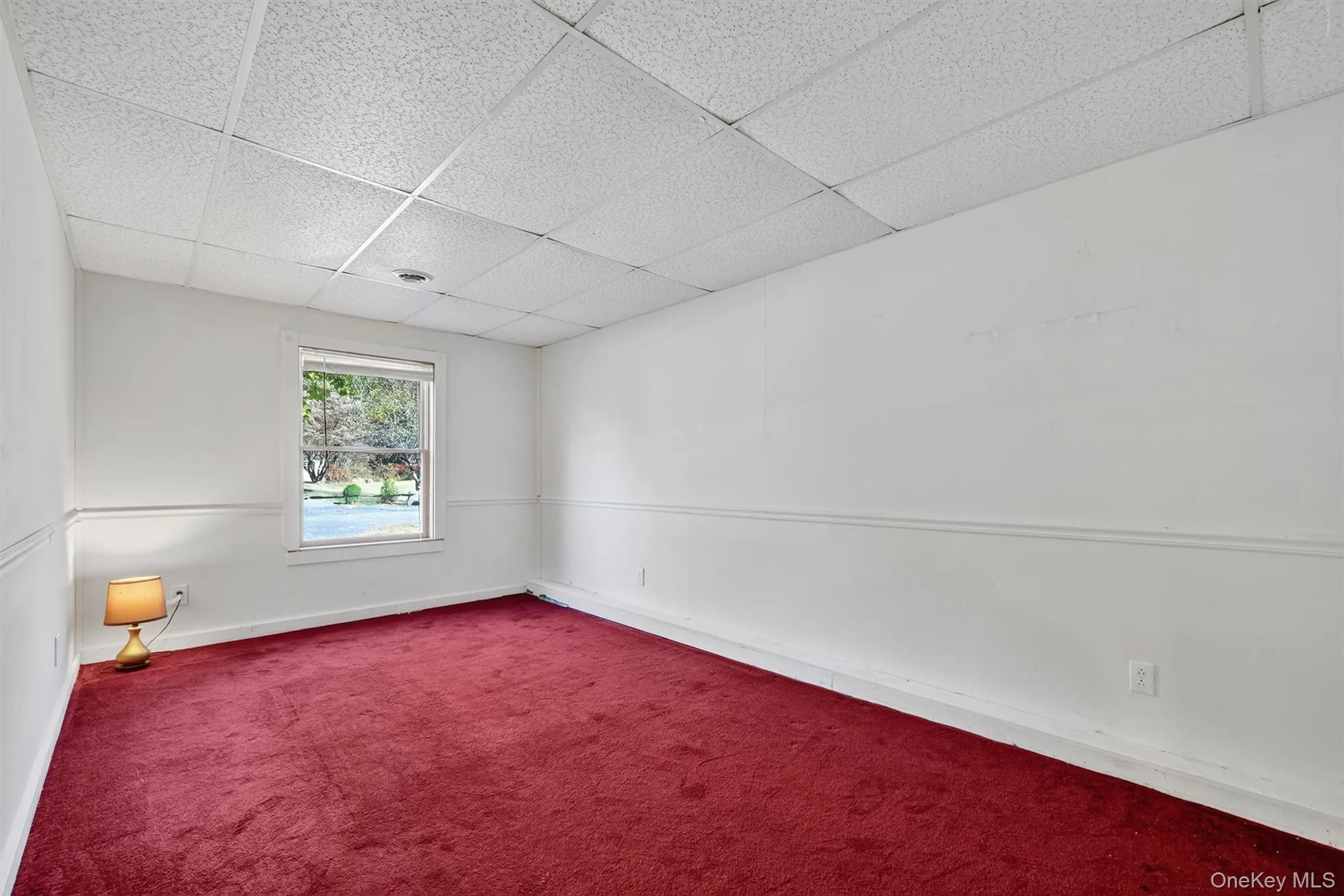 Carpeted empty room with a drop ceiling and baseboards Carpeted empty room with a drop ceiling and baseboards