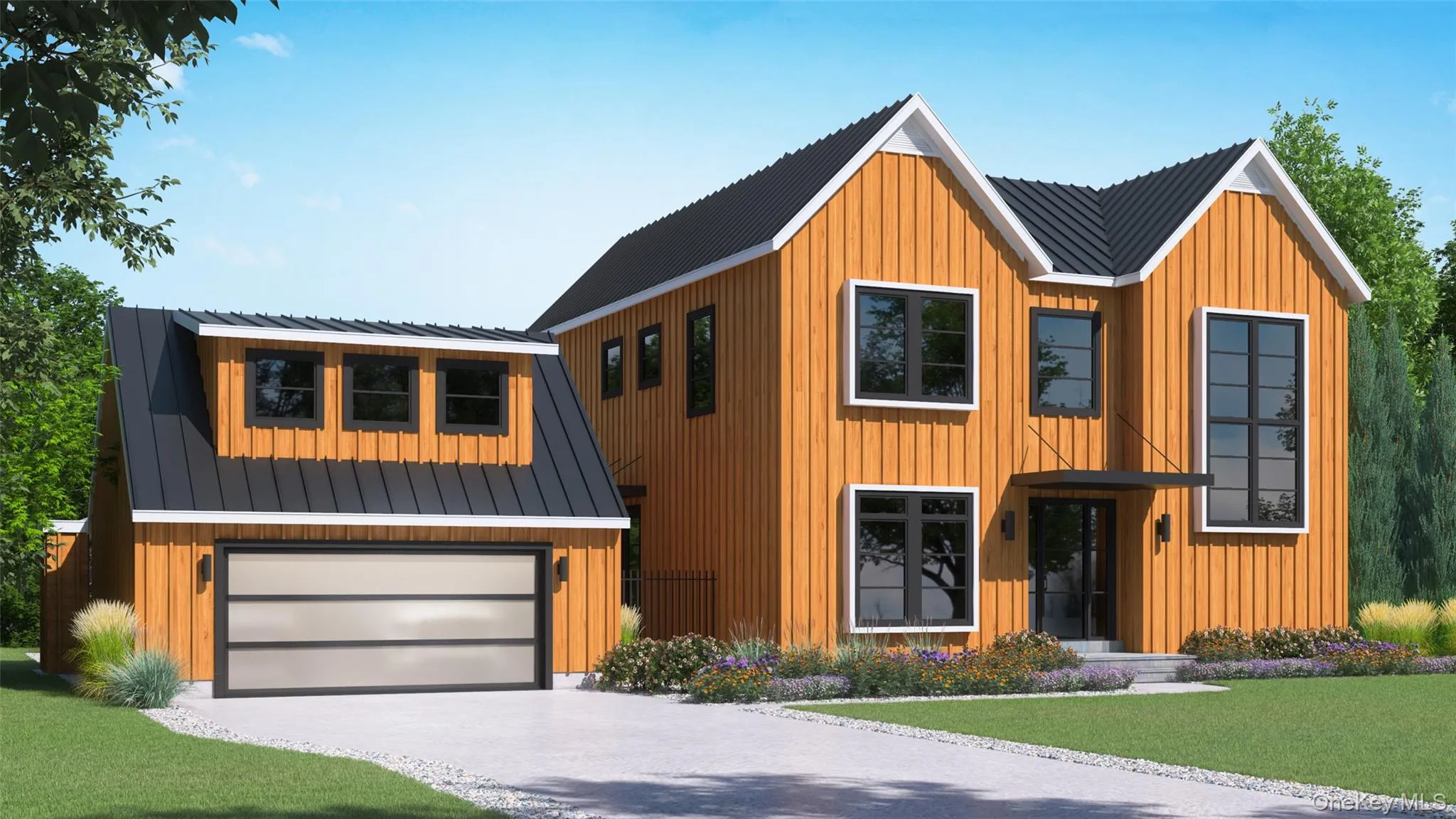 Contemporary house featuring board and batten siding, a front lawn, driveway, and a garage Contemporary house featuring board and batten siding, a front lawn, driveway, and a garage
