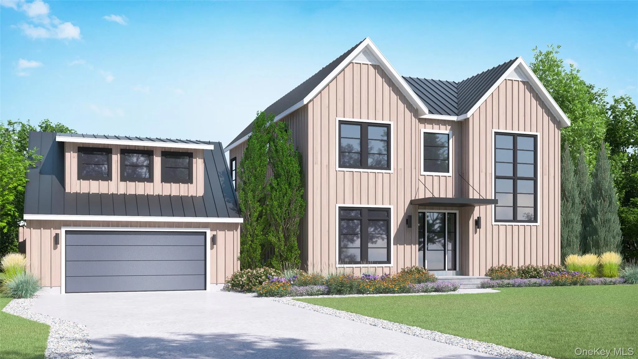 Modern inspired farmhouse featuring board and batten siding, a garage, a front lawn, and a metal roof Modern inspired farmhouse featuring board and batten siding, a garage, a front lawn, and a metal roof