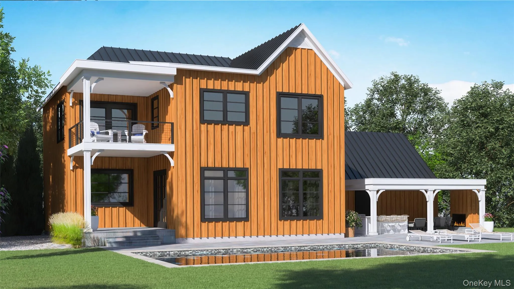 Back of property with board and batten siding, a metal roof, and a yard Back of property with board and batten siding, a metal roof, and a yard