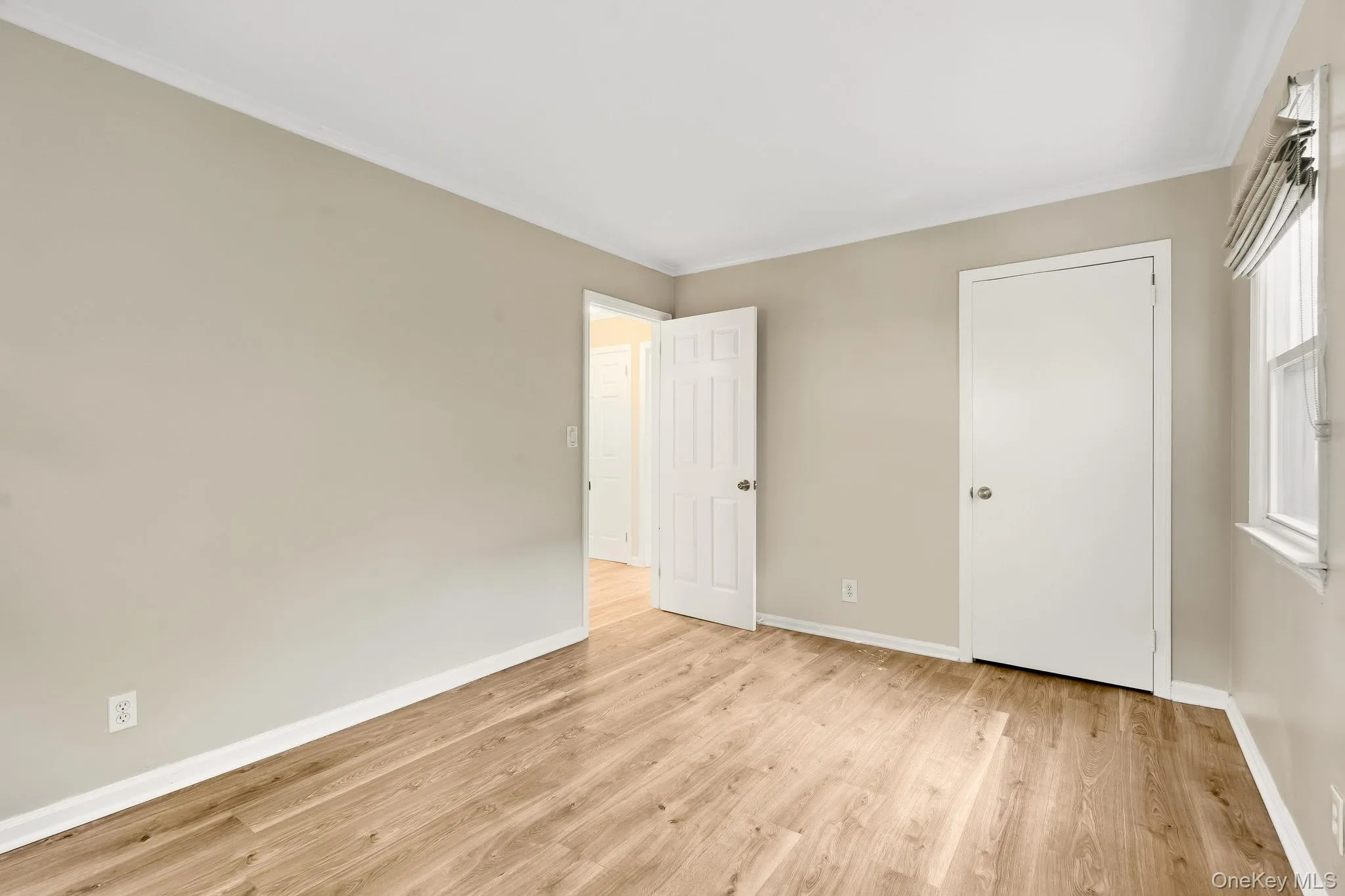 Unfurnished bedroom featuring light wood-style flooring and crown molding Unfurnished bedroom featuring light wood-style flooring and crown molding