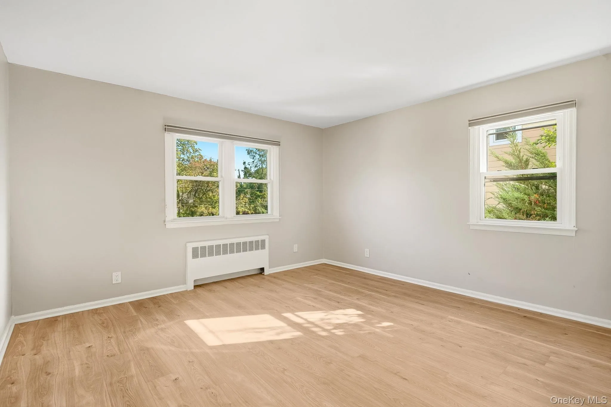 Unfurnished room with radiator, light wood-style floors, and plenty of natural light Unfurnished room with radiator, light wood-style floors, and plenty of natural light