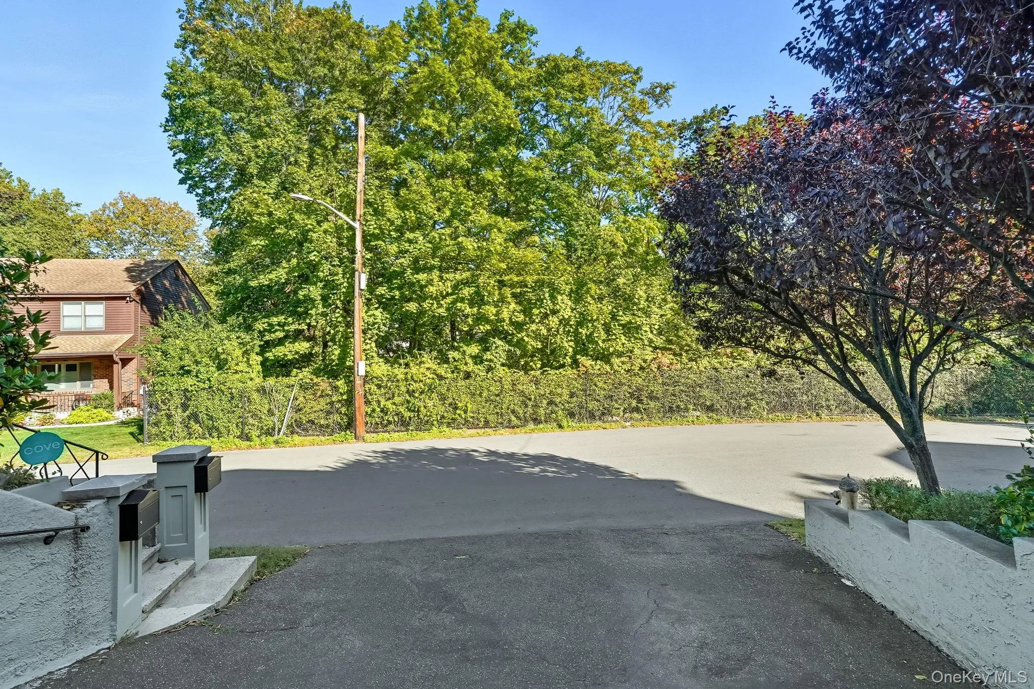 View of asphalt road featuring street lighting View of asphalt road featuring street lighting