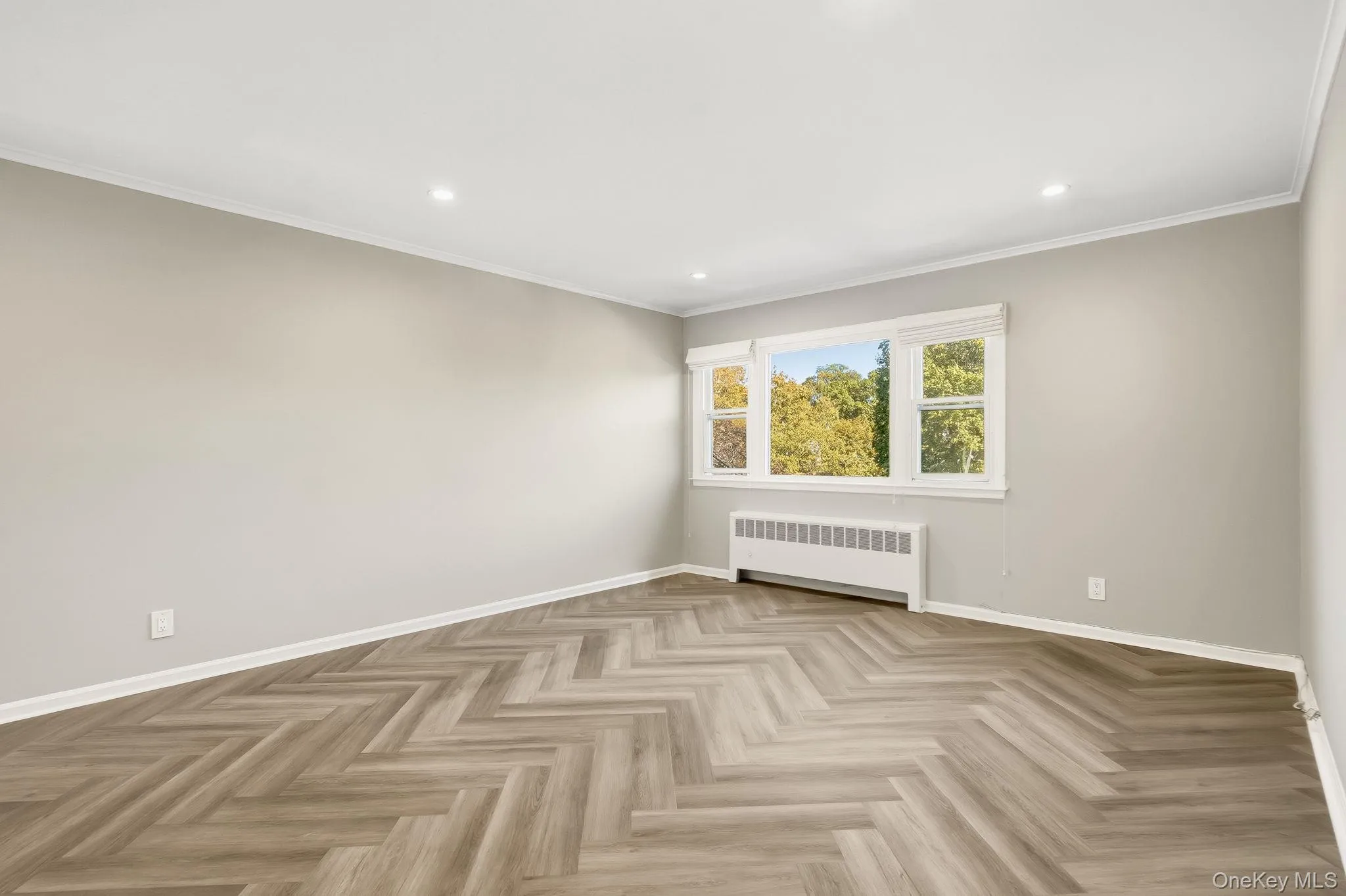 Empty room with crown molding, radiator, and recessed lighting Empty room with crown molding, radiator, and recessed lighting