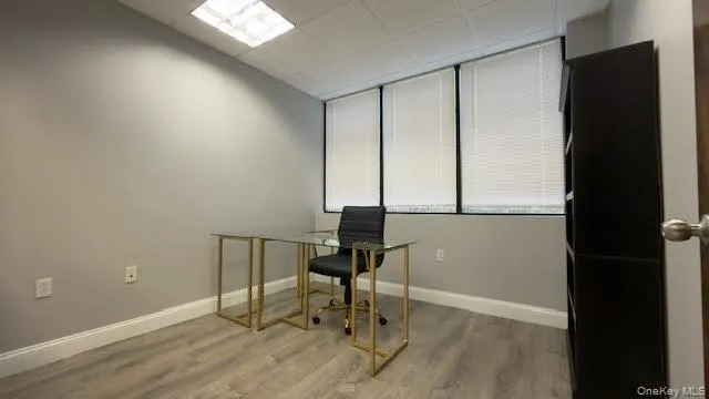 Office space with light wood-type flooring and a paneled ceiling Office space with light wood-type flooring and a paneled ceiling