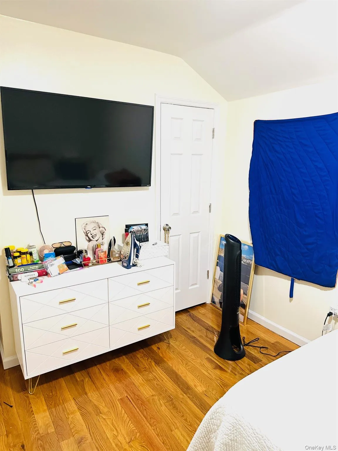 Bedroom featuring lofted ceiling and light wood finished floors Bedroom featuring lofted ceiling and light wood finished floors
