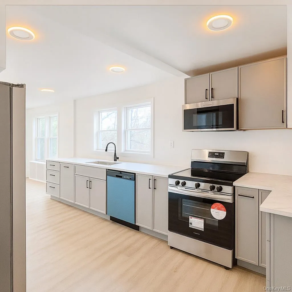 Kitchen featuring gray cabinetry, appliances with stainless steel finishes, light wood-style floors, plenty of natural light, and recessed lighting Kitchen featuring gray cabinetry, appliances with stainless steel finishes, light wood-style floors, plenty of natural light, and recessed lighting