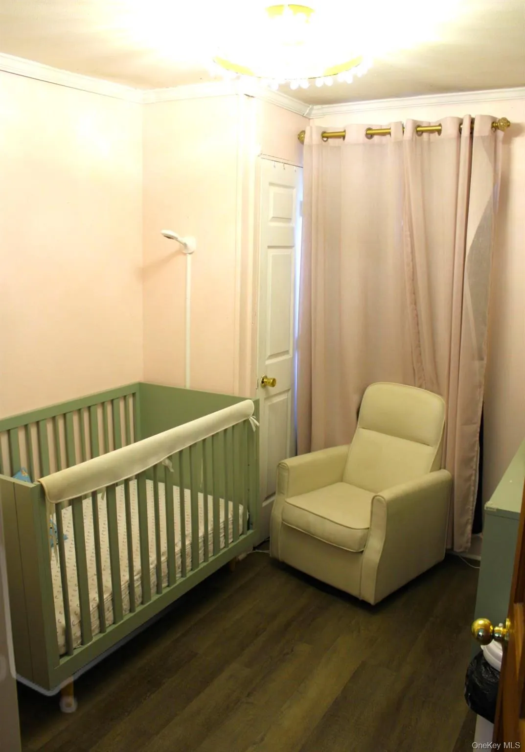 Bedroom with a nursery area, ornamental molding, and dark wood finished floors Bedroom with a nursery area, ornamental molding, and dark wood finished floors