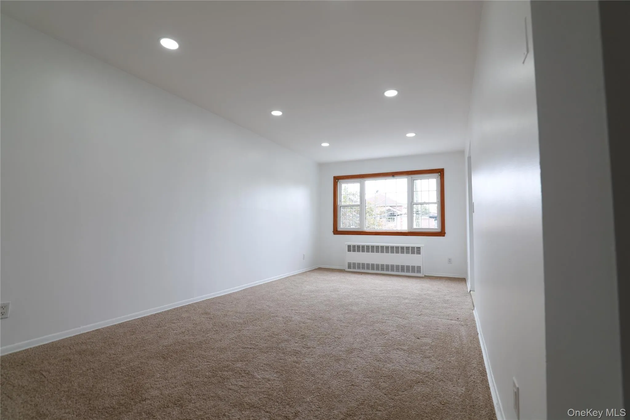 Living room with light colored carpet, recessed lighting, and radiator Living room with light colored carpet, recessed lighting, and radiator