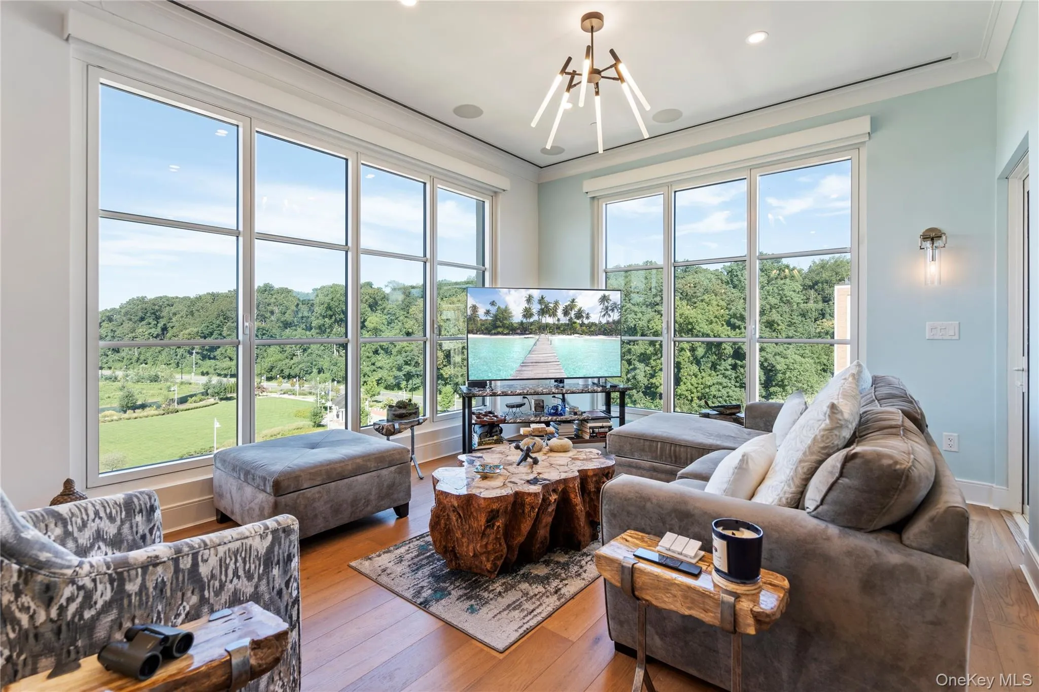 Living area with view of harbor, crown molding Living area with view of harbor, crown molding