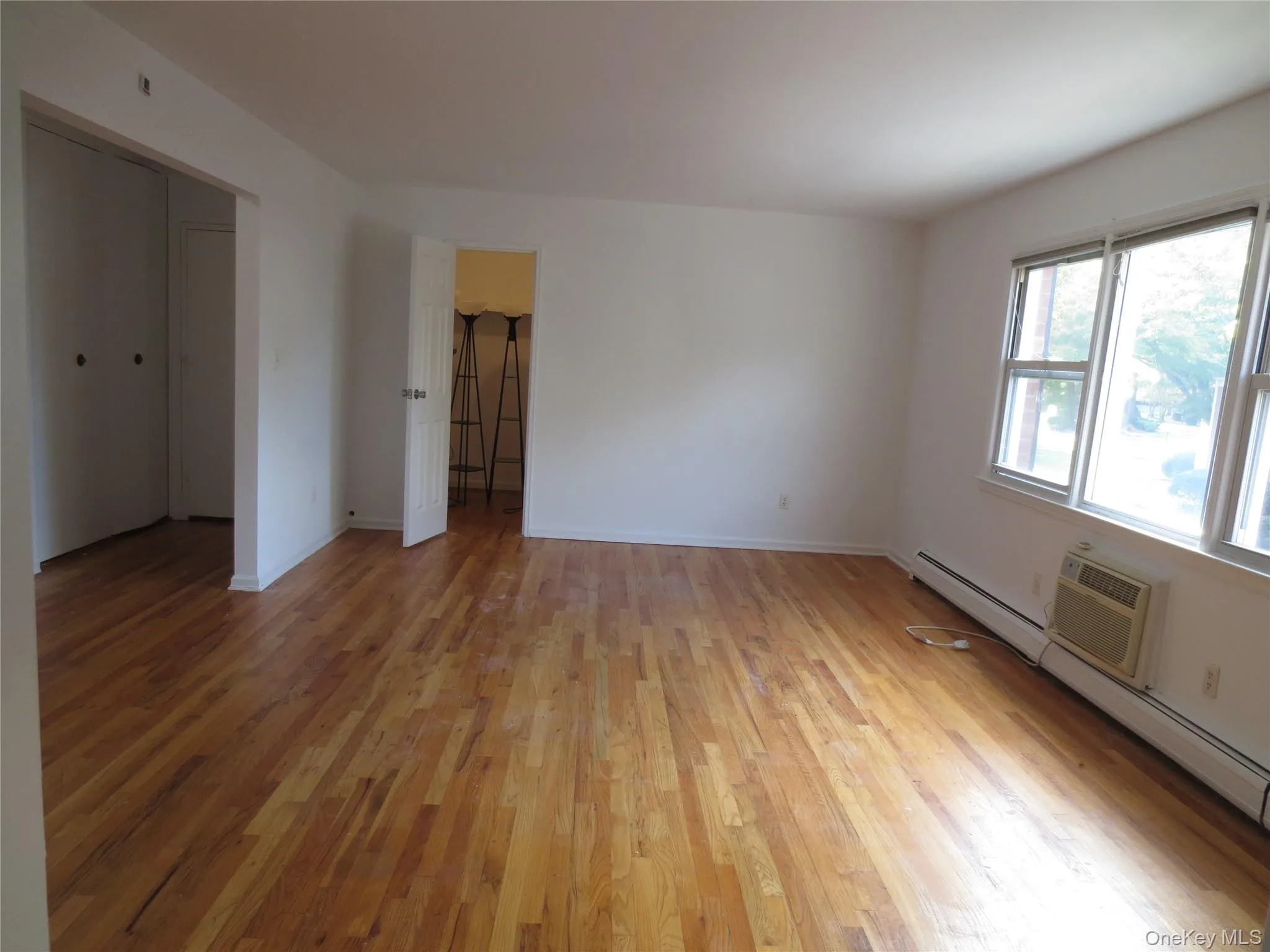 Spare room featuring light wood-type flooring, a baseboard heating unit, and a wall unit AC Spare room featuring light wood-type flooring, a baseboard heating unit, and a wall unit AC