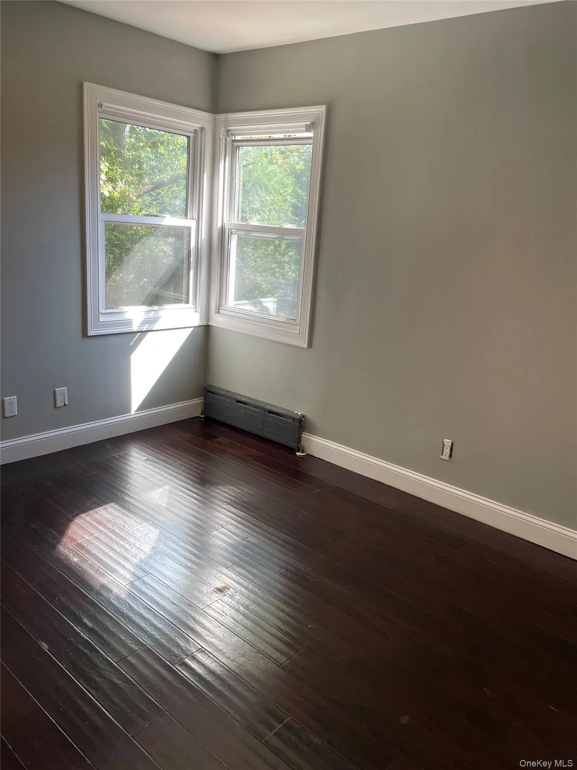 Spare room featuring dark wood-style flooring and baseboard heating Spare room featuring dark wood-style flooring and baseboard heating