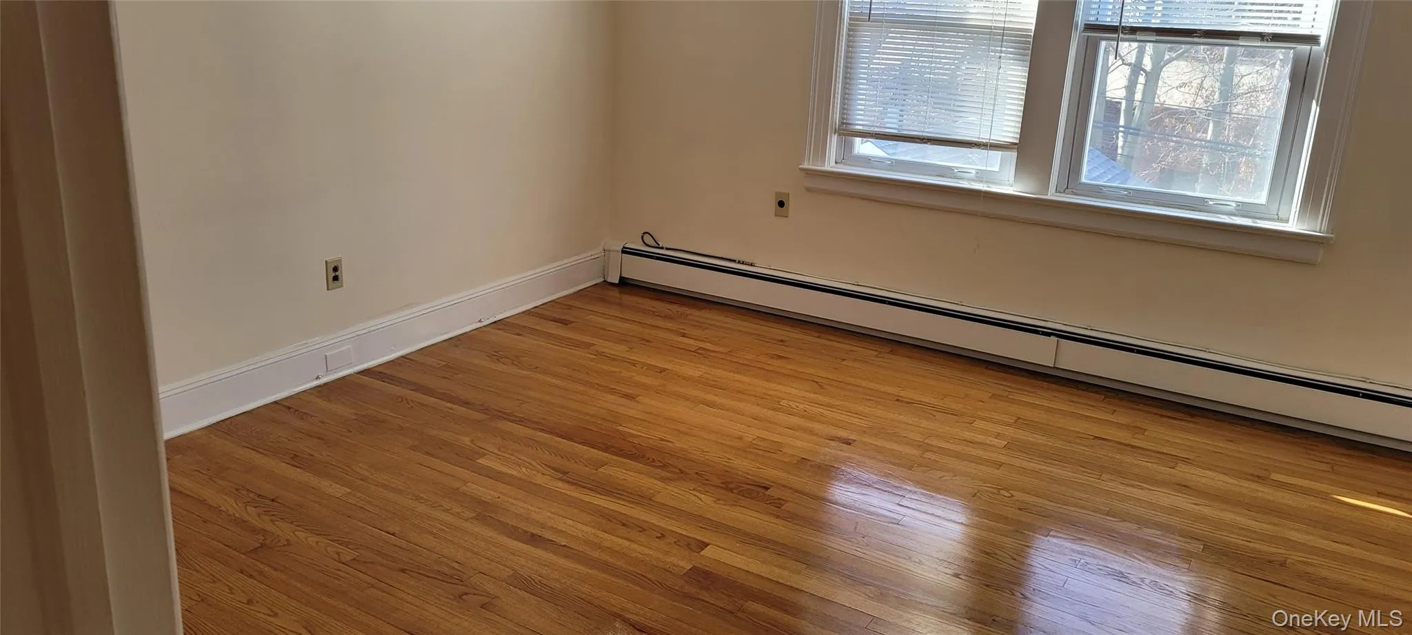 Unfurnished room with a baseboard heating unit and light wood finished floors Unfurnished room with a baseboard heating unit and light wood finished floors