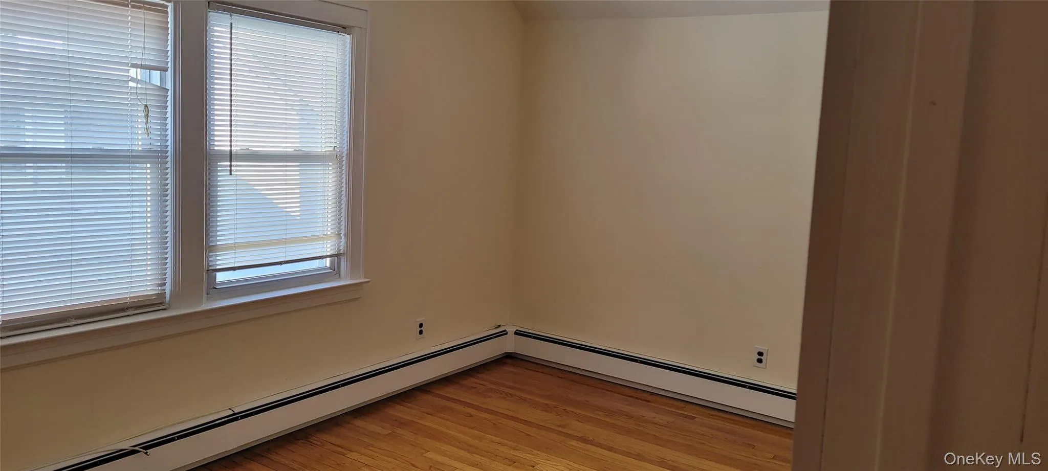 Empty room featuring light wood-style floors and a baseboard heating unit Empty room featuring light wood-style floors and a baseboard heating unit
