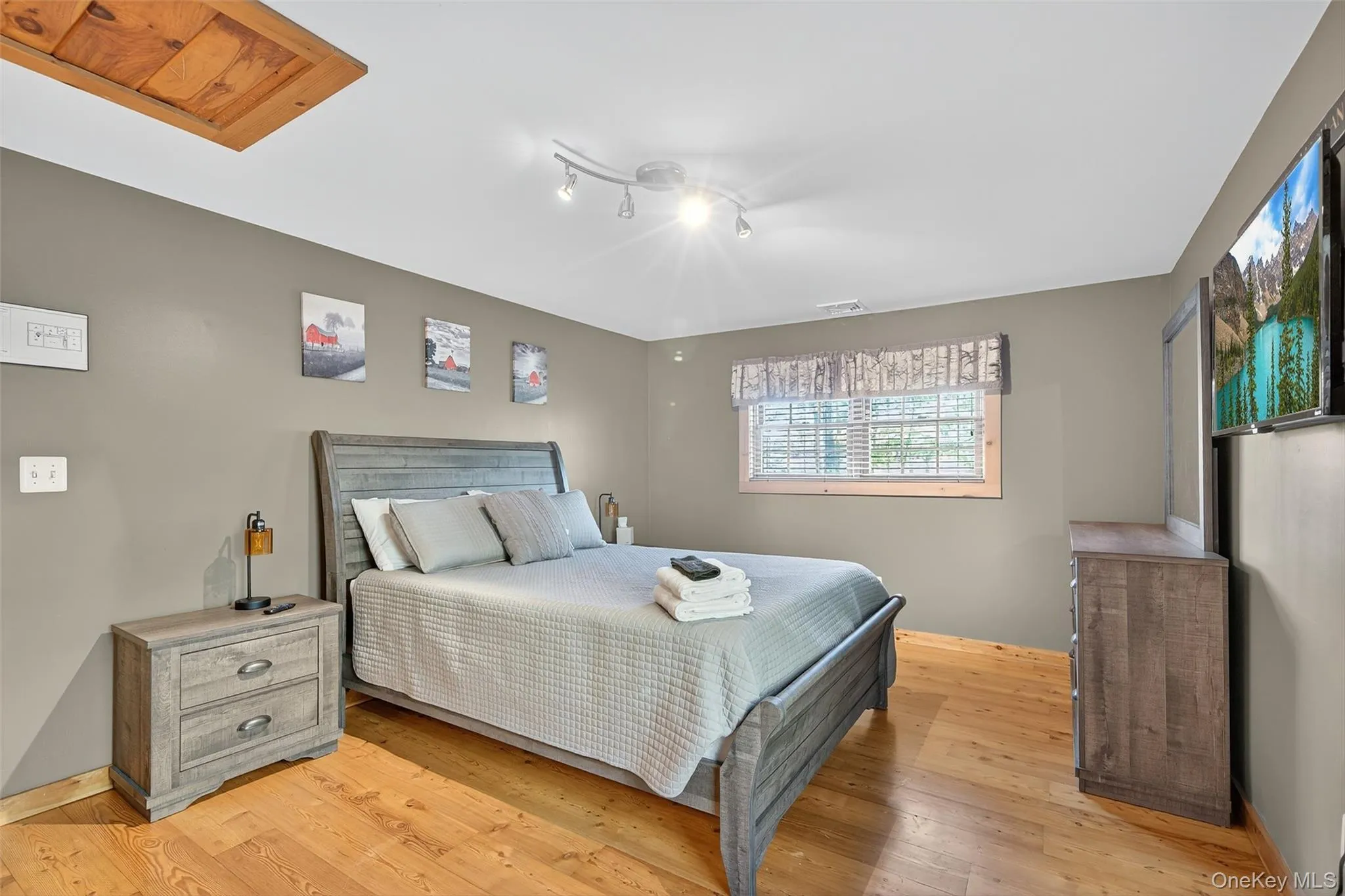 Bedroom with light wood-type flooring and rail lighting Bedroom with light wood-type flooring and rail lighting
